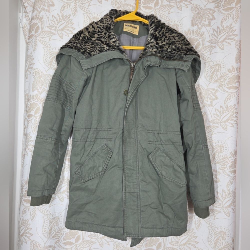 Zadig & Voltaire KENNYA Army Green Quilted Jacket Parka Coat Fur Zip Hood MED *